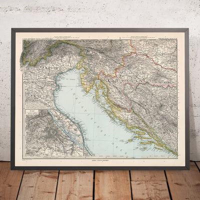 Mapa antiguo de Croacia y Bosnia de Adolf Stieler, 1894: mar Adriático, costa dálmata y montañas Velebit