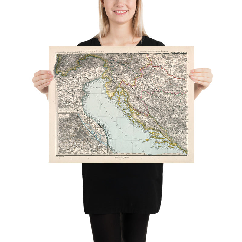 Mapa antiguo de Croacia y Bosnia de Adolf Stieler, 1894: mar Adriático, costa dálmata y montañas Velebit