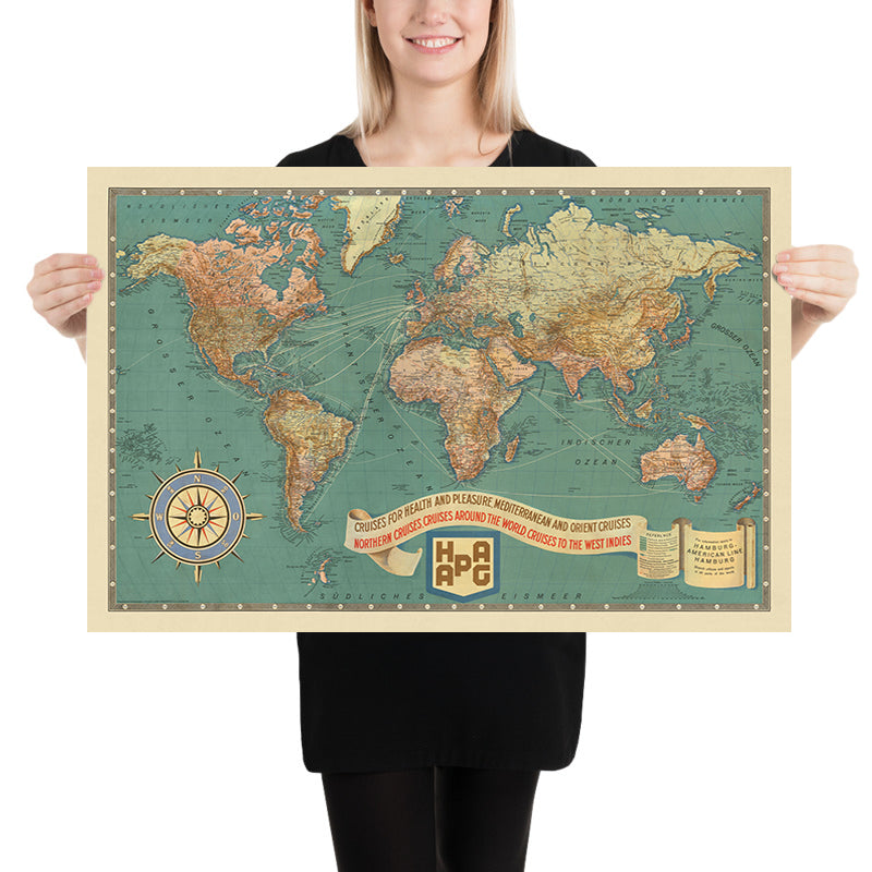 Old World Map of Cruise & Airship Routes, 1931: HAPAG, Zeppelin Routes Before Hindenburg