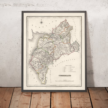 Mapa antiguo de Cumberland por Samuel Lewis, 1844: Carlisle, Whitehaven, Workington, Penrith y Keswick