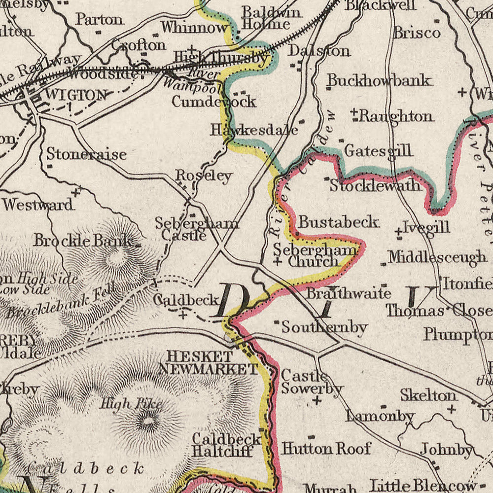 Old Map of Cumberland by Samuel Lewis, 1844: Carlisle, Whitehaven, Workington, Penrith, and Keswick