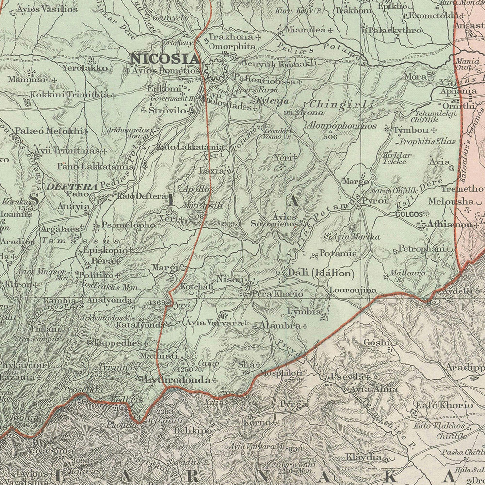 Old Map of Cyprus by Stanford, 1904: Nicosia, Troodos Mtns, Ancient Sites, Bays, Districts