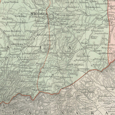 Old Map of Cyprus by Stanford, 1904: Nicosia, Troodos Mtns, Ancient Sites, Bays, Districts