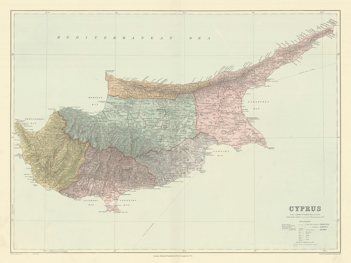 Old Map of Cyprus by Stanford, 1904: Nicosia, Troodos Mtns, Ancient Sites, Bays, Districts