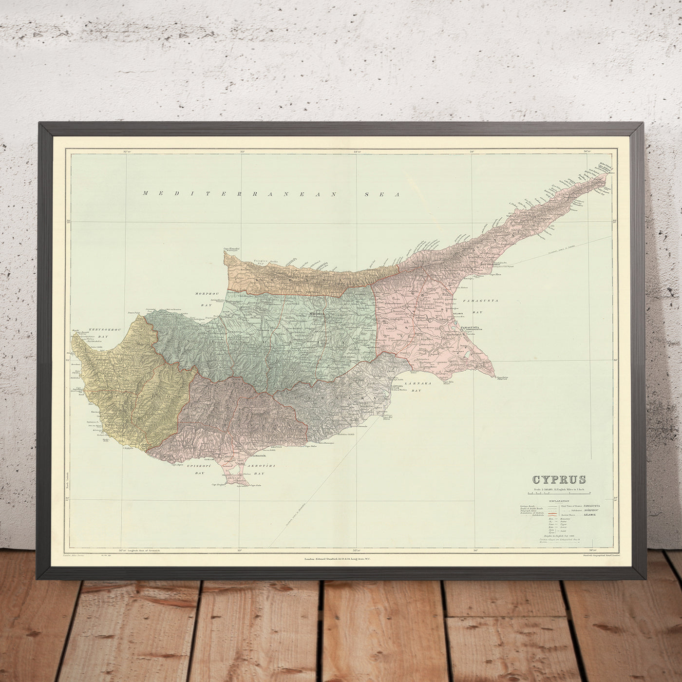 Old Map of Cyprus by Stanford, 1904: Nicosia, Troodos Mtns, Ancient Sites, Bays, Districts