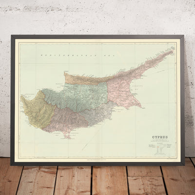 Old Map of Cyprus by Stanford, 1904: Nicosia, Troodos Mtns, Ancient Sites, Bays, Districts