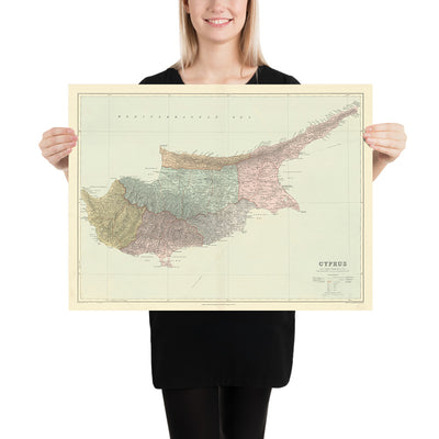 Old Map of Cyprus by Stanford, 1904: Nicosia, Troodos Mtns, Ancient Sites, Bays, Districts