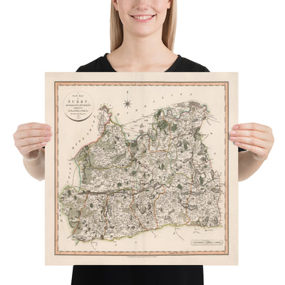 Alte Karte von Surrey im Jahr 1801 von John Cary - Guildford, Haslemere, Streatham, Reigate, Dorking 
