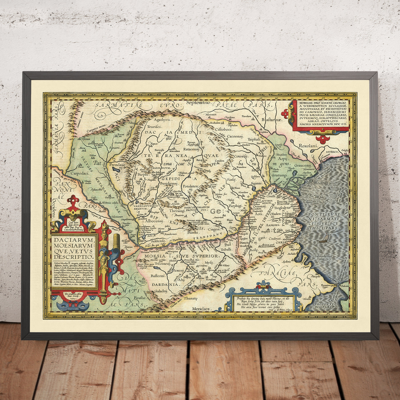 Antigua mapa de Rumanía y Bulgaria por Ortelius, 1603: Río Danubio, Montañas Cárpatos, Mar Negro, Dacia, Mesia 