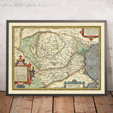 Ancienne carte de la Roumanie et de la Bulgarie par Ortelius, 1603 : fleuve Danube, montagnes des Carpates, mer Noire, Dacie, Mésie 