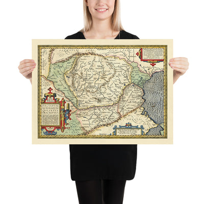 Antigua mapa de Rumanía y Bulgaria por Ortelius, 1603: Río Danubio, Montañas Cárpatos, Mar Negro, Dacia, Mesia 
