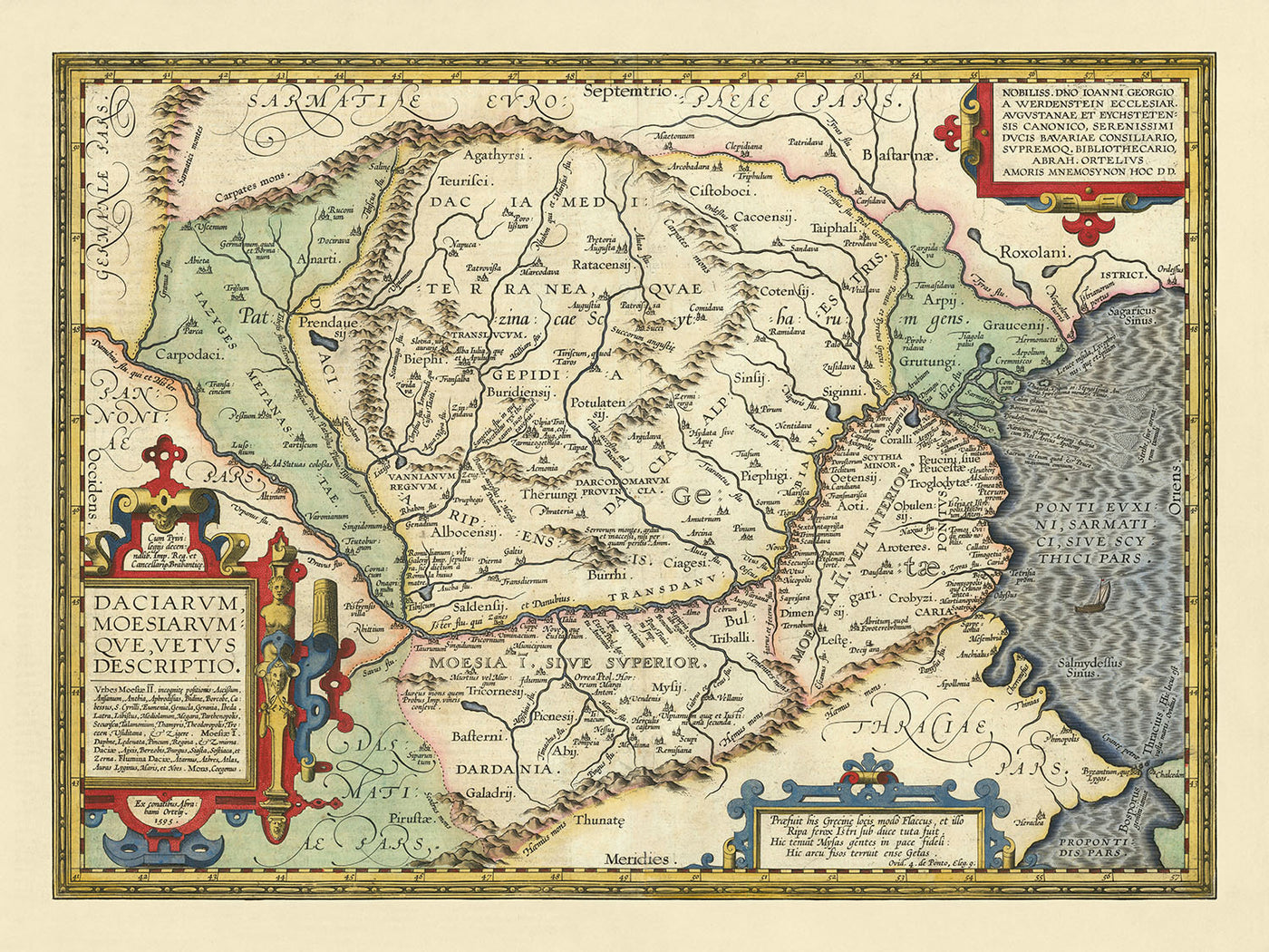 Antigua mapa de Rumanía y Bulgaria por Ortelius, 1603: Río Danubio, Montañas Cárpatos, Mar Negro, Dacia, Mesia 