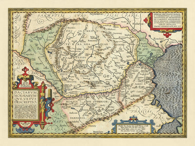 Antigua mapa de Rumanía y Bulgaria por Ortelius, 1603: Río Danubio, Montañas Cárpatos, Mar Negro, Dacia, Mesia 