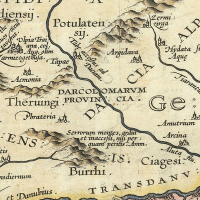 Antigua mapa de Rumanía y Bulgaria por Ortelius, 1603: Río Danubio, Montañas Cárpatos, Mar Negro, Dacia, Mesia 