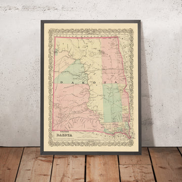 Old Map of North and South Dakota by J.H. Colton, 1873: Sioux Falls, Yankton, Vermillion, Brookings, and Watertown