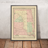 Alte Karte von North und South Dakota von J.H. Colton, 1873: Sioux Falls, Yankton, Vermillion, Brookings und Watertown 