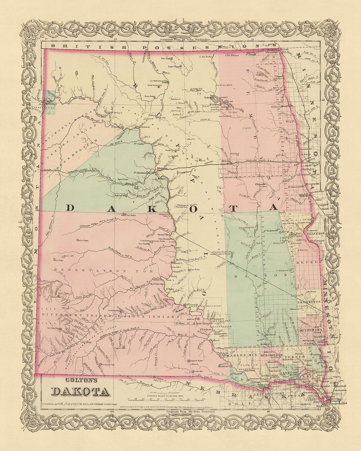 Mapa antiguo de Dakota del Norte y del Sur por JH Colton, 1873: Sioux Falls, Yankton, Vermillion, Brookings y Watertown