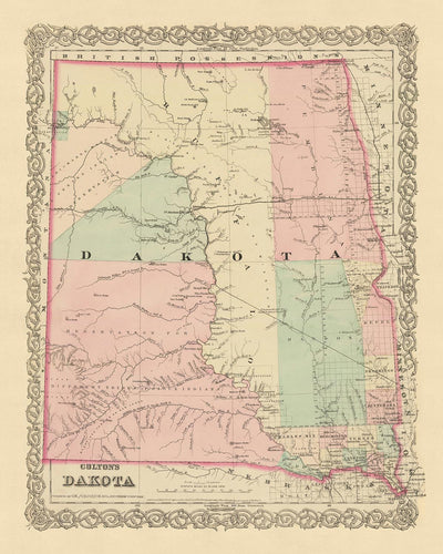 Mapa antiguo de Dakota del Norte y del Sur por JH Colton, 1873: Sioux Falls, Yankton, Vermillion, Brookings y Watertown