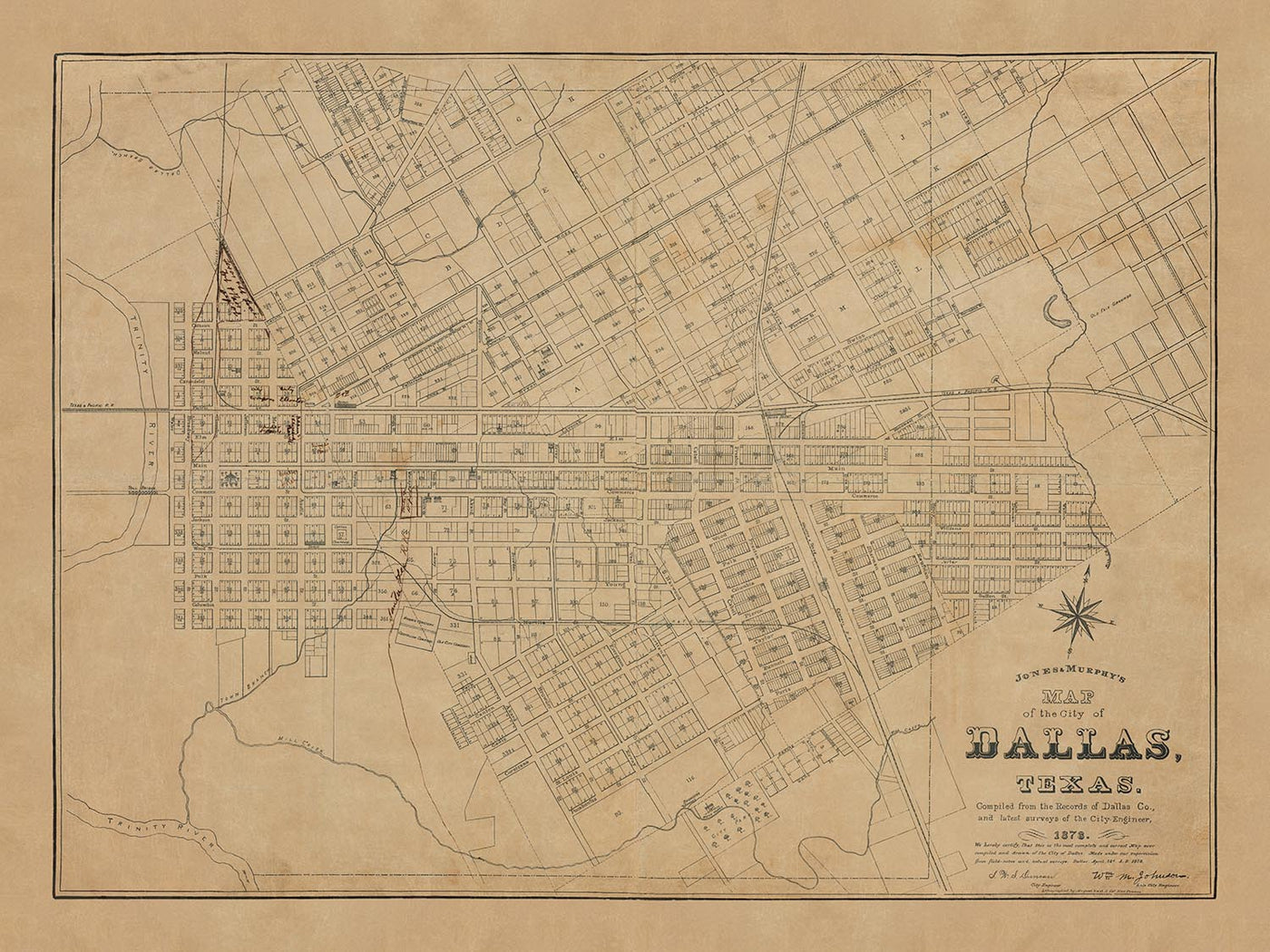 Mapa antiguo de Dallas, Texas en 1878 por Jones & Murphy - Main St, Ellum, Downtown, Distrito de Arte, Bryan Place
