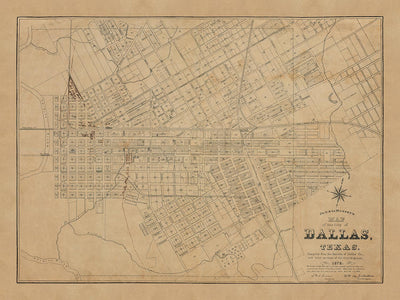 Mapa antiguo de Dallas, Texas en 1878 por Jones & Murphy - Main St, Ellum, Downtown, Distrito de Arte, Bryan Place