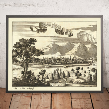 Vecchia mappa Birdseye di Damasco di Koppmayr, 1684: Cupole, Minareti, Montagne, Verde, Attività Umane 