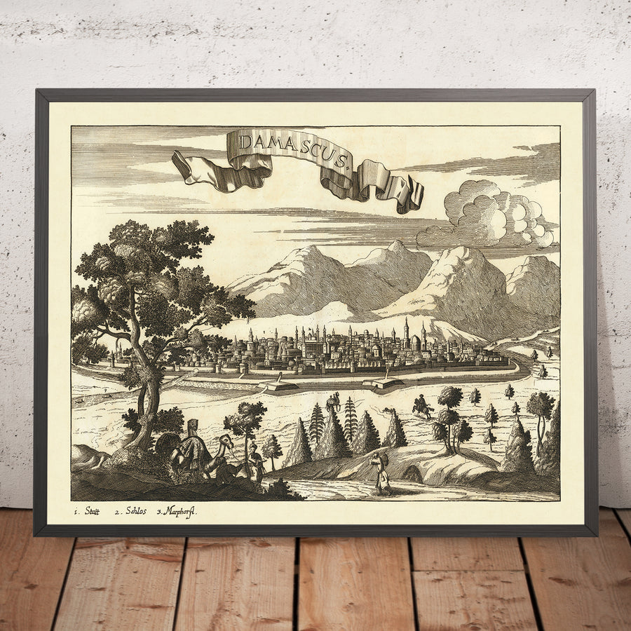 Vecchia mappa Birdseye di Damasco di Koppmayr, 1684: Cupole, Minareti, Montagne, Verde, Attività Umane 