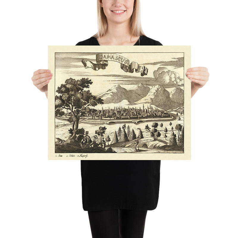 Vecchia mappa Birdseye di Damasco di Koppmayr, 1684: Cupole, Minareti, Montagne, Verde, Attività Umane 