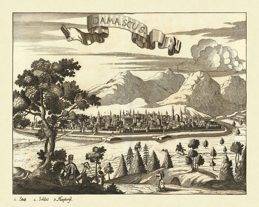 Vecchia mappa Birdseye di Damasco di Koppmayr, 1684: Cupole, Minareti, Montagne, Verde, Attività Umane 