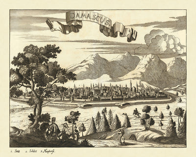 Old Birdseye Map of Damascus by Koppmayr, 1684: Domes, Minarets, Mountains, Greenery, Human Activities