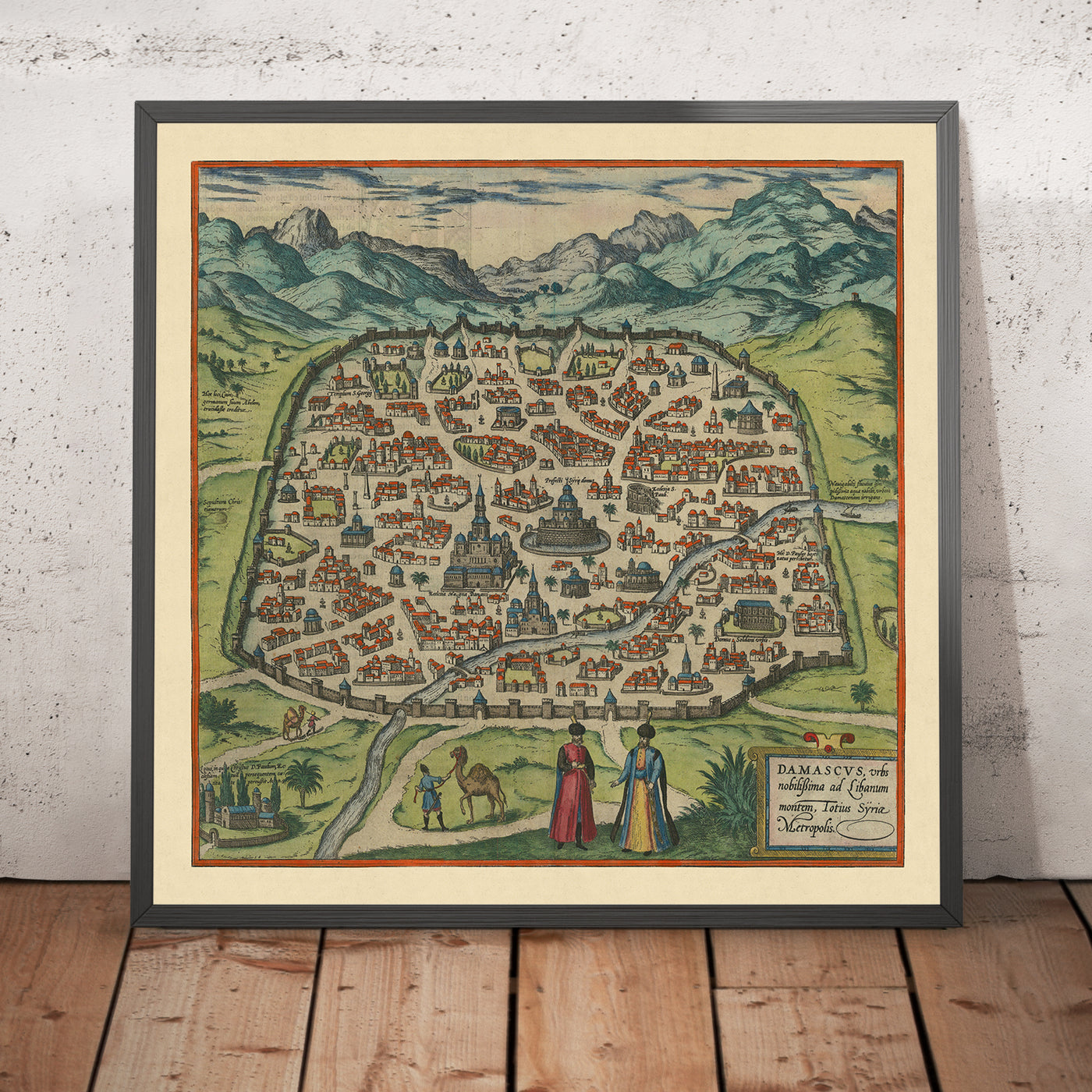 Ancienne carte de Damas par Braun & Hogenberg, 1599 : murs fortifiés, mosquées, Via Recta, montagnes, voies navigables 