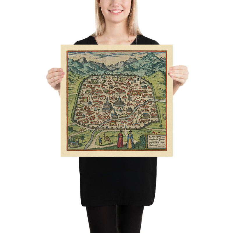 Ancienne carte de Damas par Braun & Hogenberg, 1599 : murs fortifiés, mosquées, Via Recta, montagnes, voies navigables 