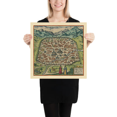 Ancienne carte de Damas par Braun & Hogenberg, 1599 : murs fortifiés, mosquées, Via Recta, montagnes, voies navigables 