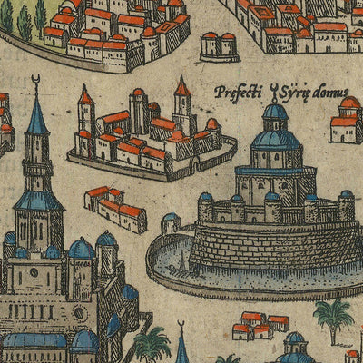 Ancienne carte de Damas par Braun & Hogenberg, 1599 : murs fortifiés, mosquées, Via Recta, montagnes, voies navigables 