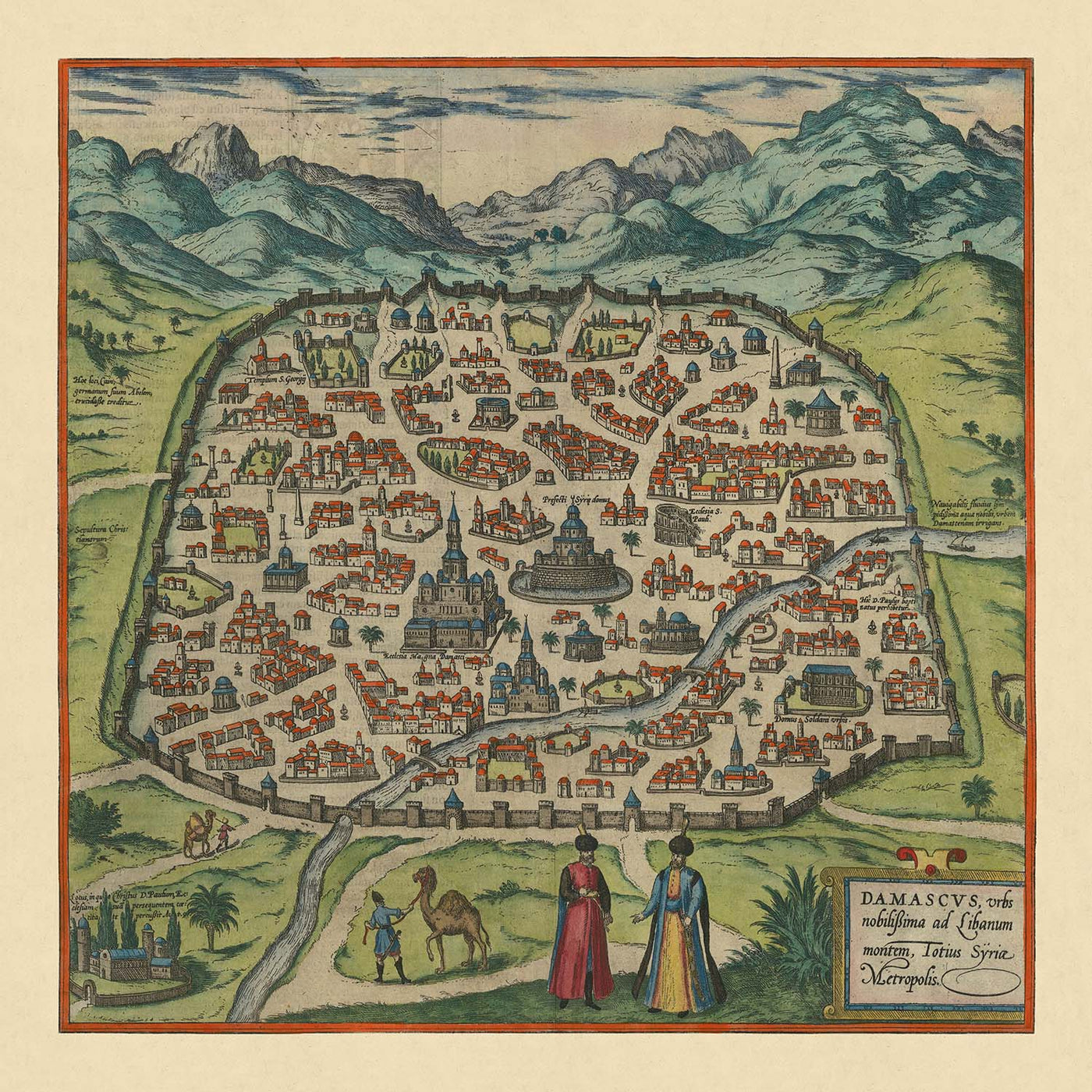 Ancienne carte de Damas par Braun & Hogenberg, 1599 : murs fortifiés, mosquées, Via Recta, montagnes, voies navigables 