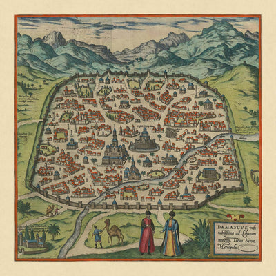 Ancienne carte de Damas par Braun & Hogenberg, 1599 : murs fortifiés, mosquées, Via Recta, montagnes, voies navigables 