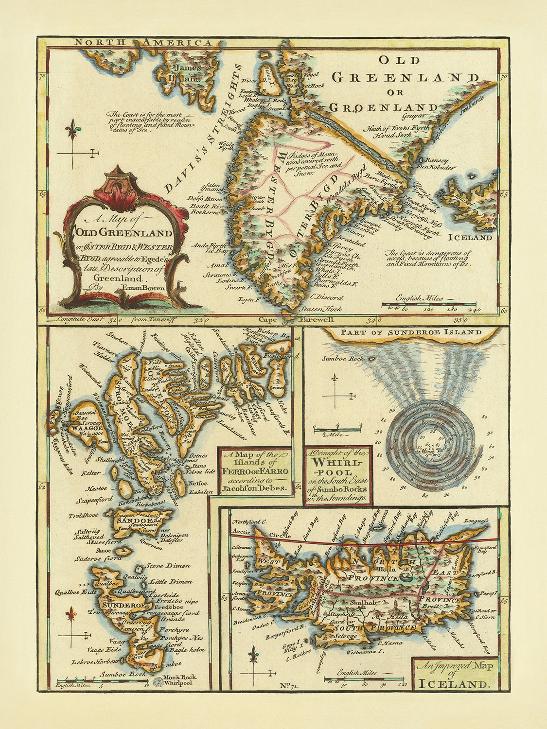 Old Map of Iceland, Faroe Islands & Greenland by Bowen, 1747: Skalholt, Holum, Suðuroy, Davis's Straits, Whirlpool