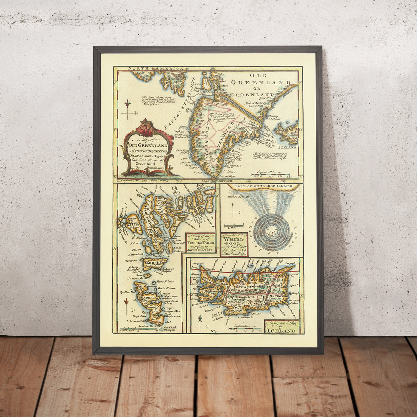 Old Map of Iceland, Faroe Islands & Greenland by Bowen, 1747: Skalholt, Holum, Suðuroy, Davis's Straits, Whirlpool