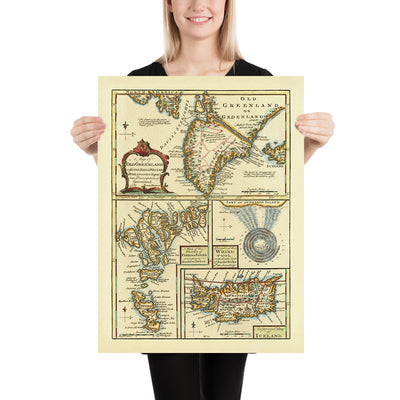 Old Map of Iceland, Faroe Islands & Greenland by Bowen, 1747: Skalholt, Holum, Suðuroy, Davis's Straits, Whirlpool