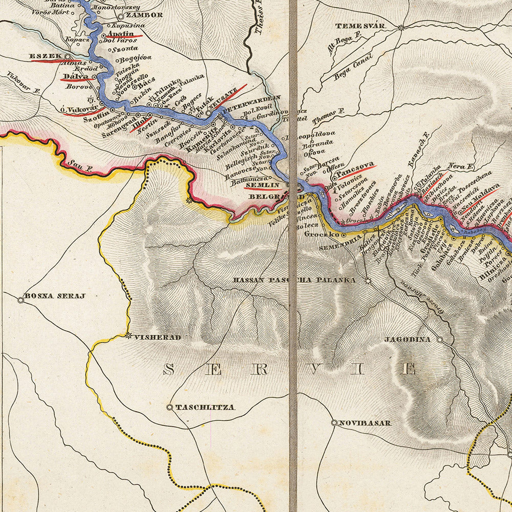 Old Danube River Steamship Route Map, 1843: From Bavaria to the Black Sea, Austria, Hungary, Romania