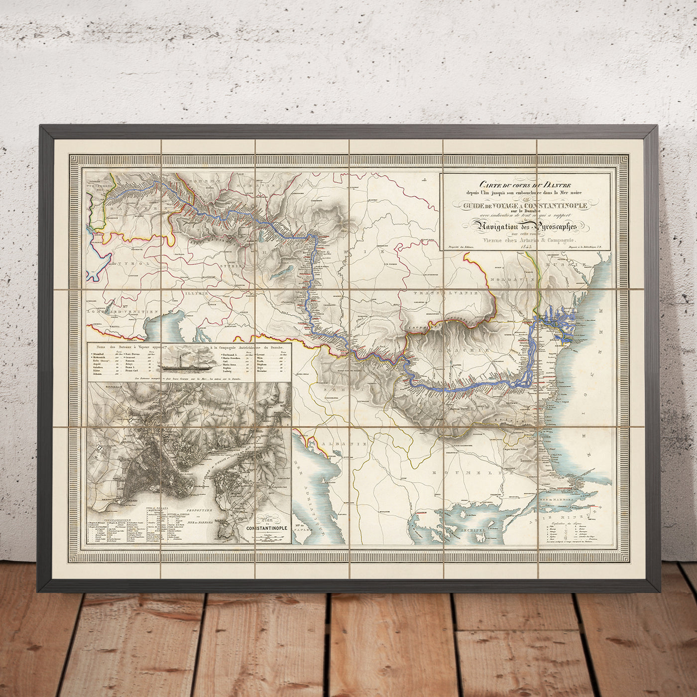 Old Danube River Steamship Route Map, 1843: From Bavaria to the Black Sea, Austria, Hungary, Romania