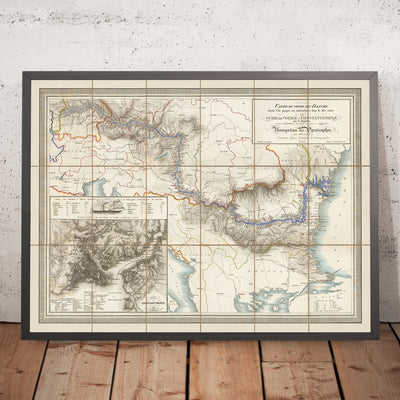 Old Danube River Steamship Route Map, 1843: From Bavaria to the Black Sea, Austria, Hungary, Romania