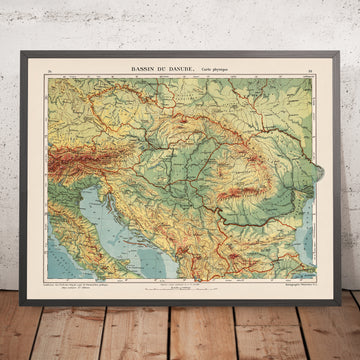 Ancienne carte du fleuve Danube en Europe par Kartographia Winterthur, 1921 : Munich, Vienne, Belgrade, Budapest, Bucarest 