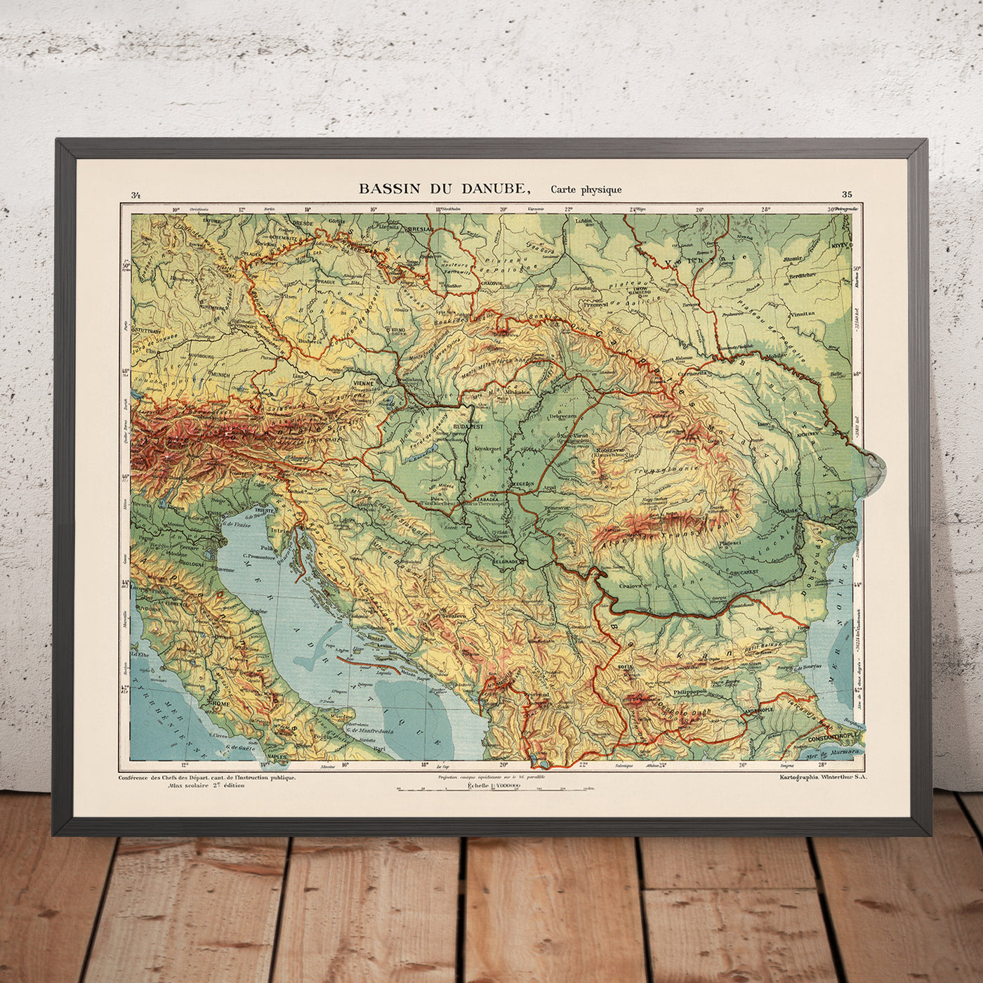 Old Map of the Danube River in Europe by Kartographia Winterthur, 1921: Munich, Vienna, Belgrade, Budapest, Bucharest