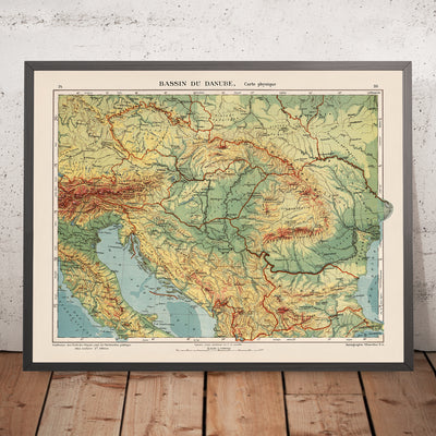 Old Map of the Danube River in Europe by Kartographia Winterthur, 1921: Munich, Vienna, Belgrade, Budapest, Bucharest