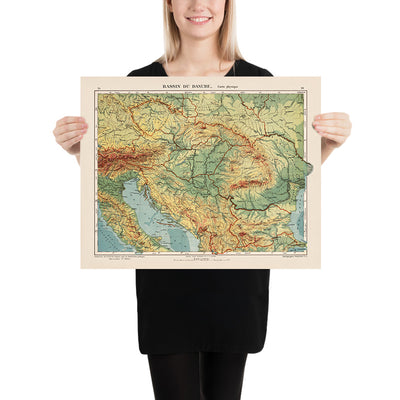 Old Map of the Danube River in Europe by Kartographia Winterthur, 1921: Munich, Vienna, Belgrade, Budapest, Bucharest