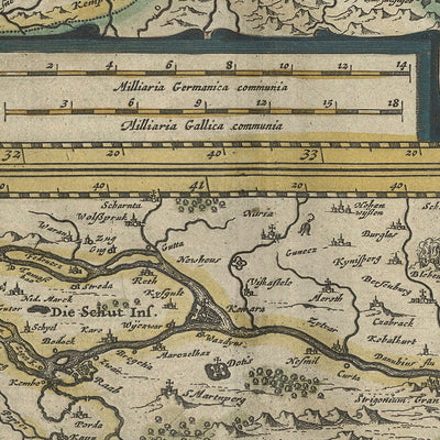 Antigua mapa del río Danubio en Europa por Mercator y Hondius, 1633: Viena, Budapest, Belgrado, Alpes, Hungría 