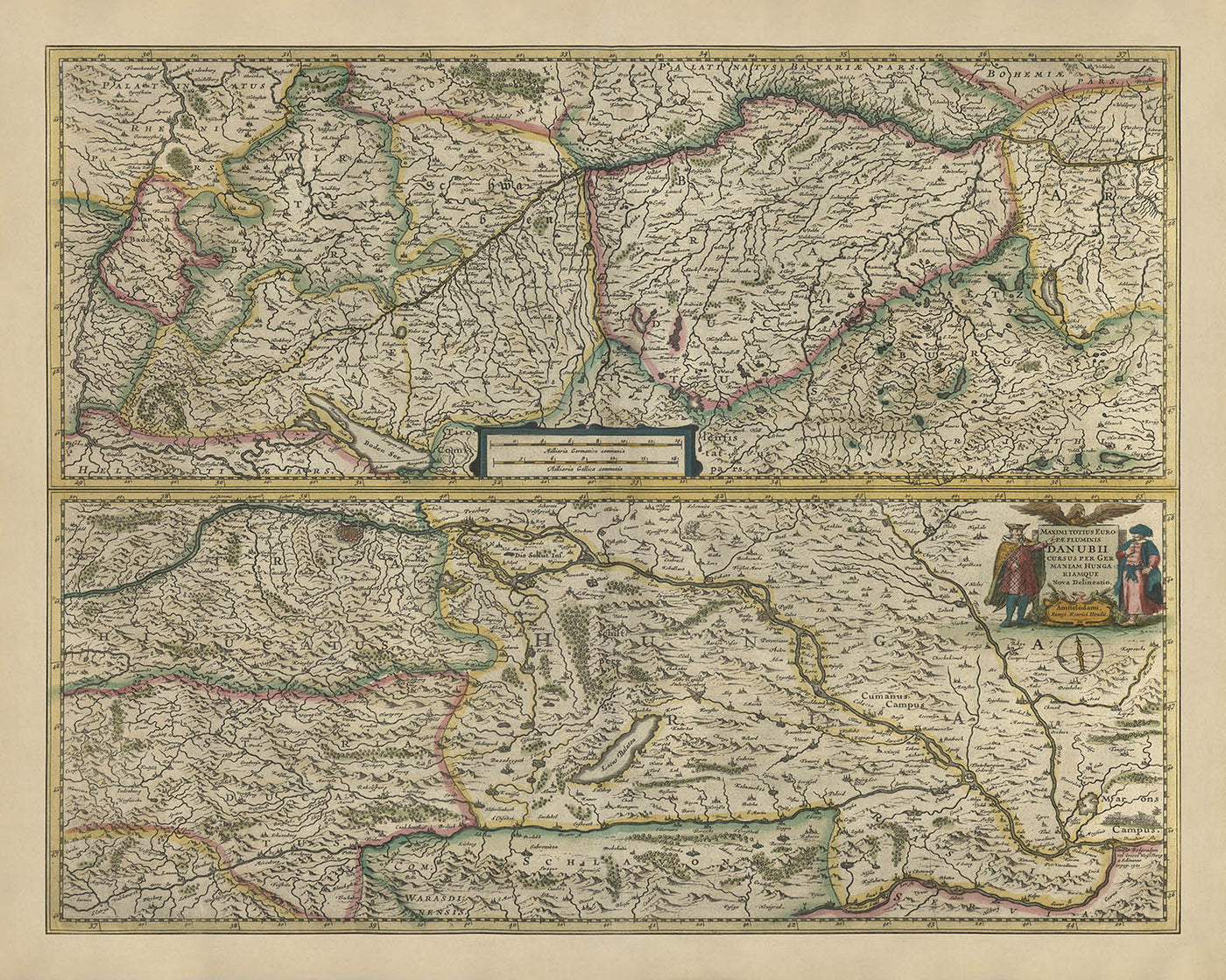 Antigua mapa del río Danubio en Europa por Mercator y Hondius, 1633: Viena, Budapest, Belgrado, Alpes, Hungría 
