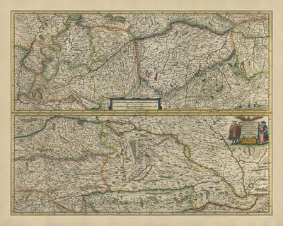 Antigua mapa del río Danubio en Europa por Mercator y Hondius, 1633: Viena, Budapest, Belgrado, Alpes, Hungría 