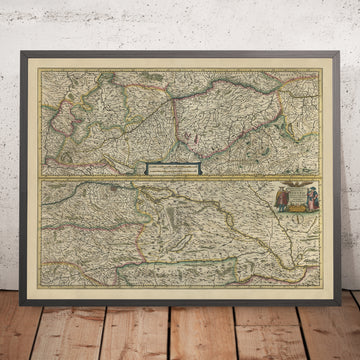 Antigua mapa del río Danubio en Europa por Mercator y Hondius, 1633: Viena, Budapest, Belgrado, Alpes, Hungría 