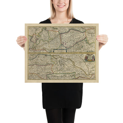 Antigua mapa del río Danubio en Europa por Mercator y Hondius, 1633: Viena, Budapest, Belgrado, Alpes, Hungría 